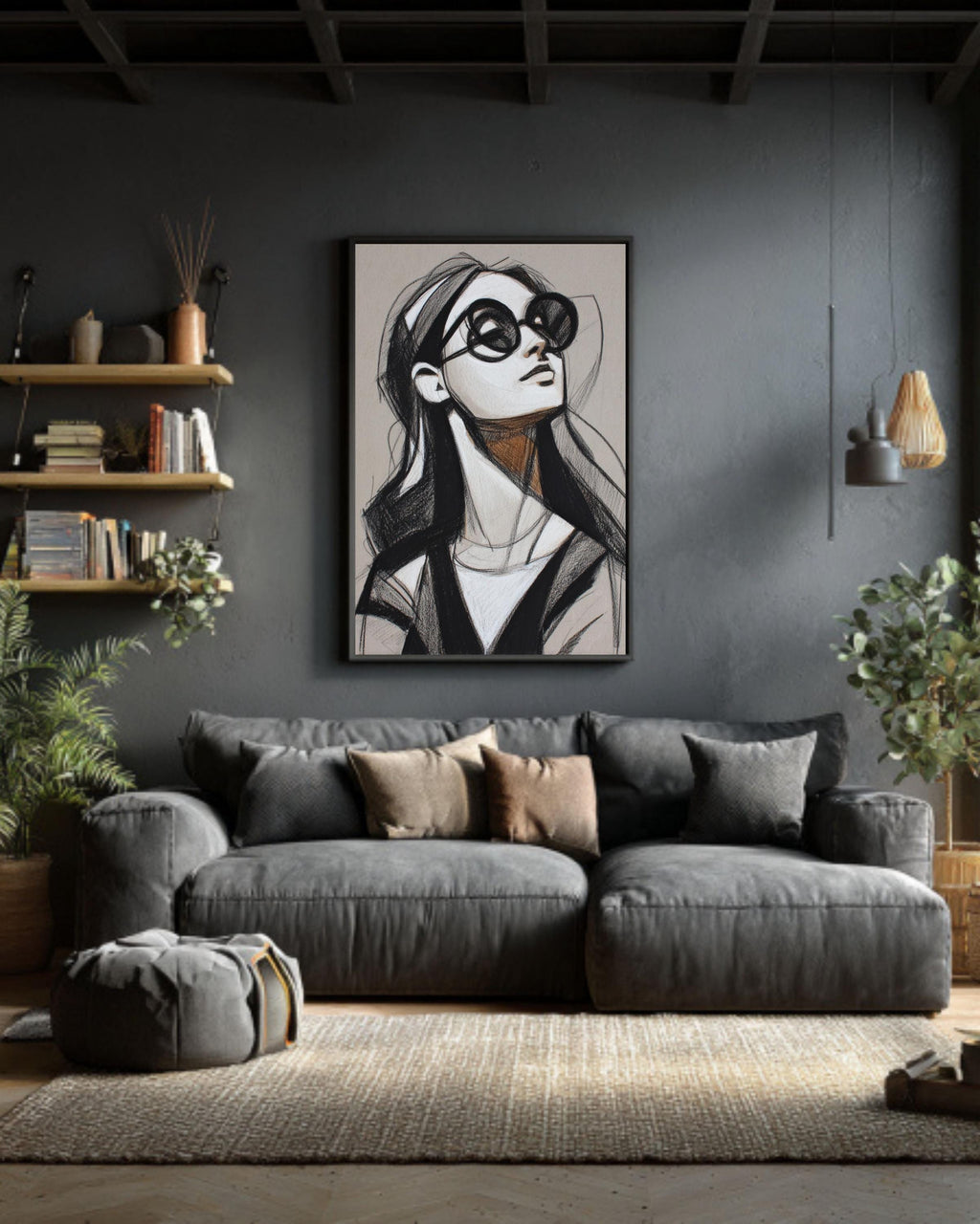 Figurative Woman Sketch Canvas Print, Charcoal Pencil Portrait Art