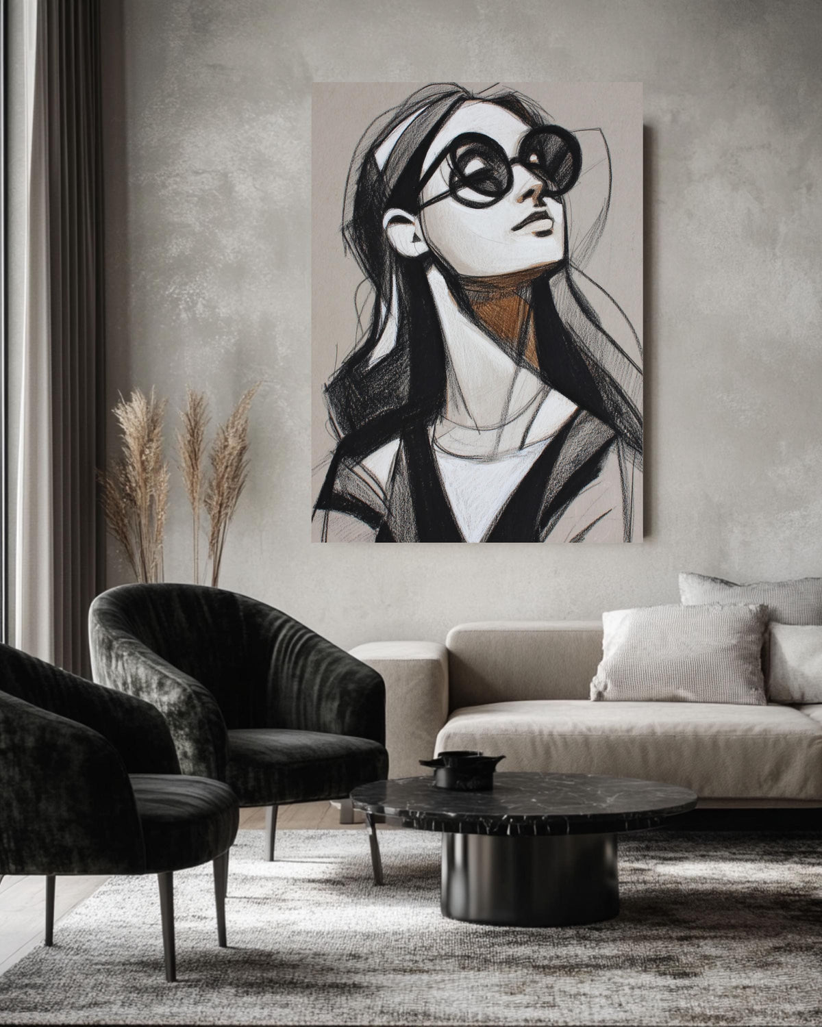 Figurative Woman Sketch Canvas Print, Charcoal Pencil Portrait Art