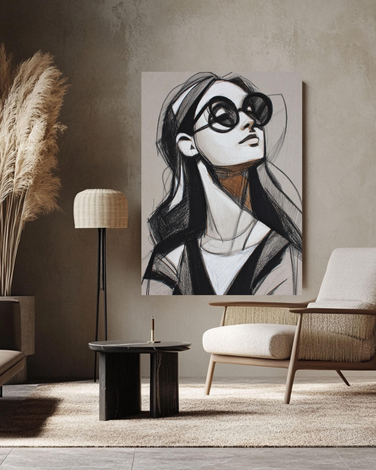 Figurative Woman Sketch Canvas Print, Charcoal Pencil Portrait Art