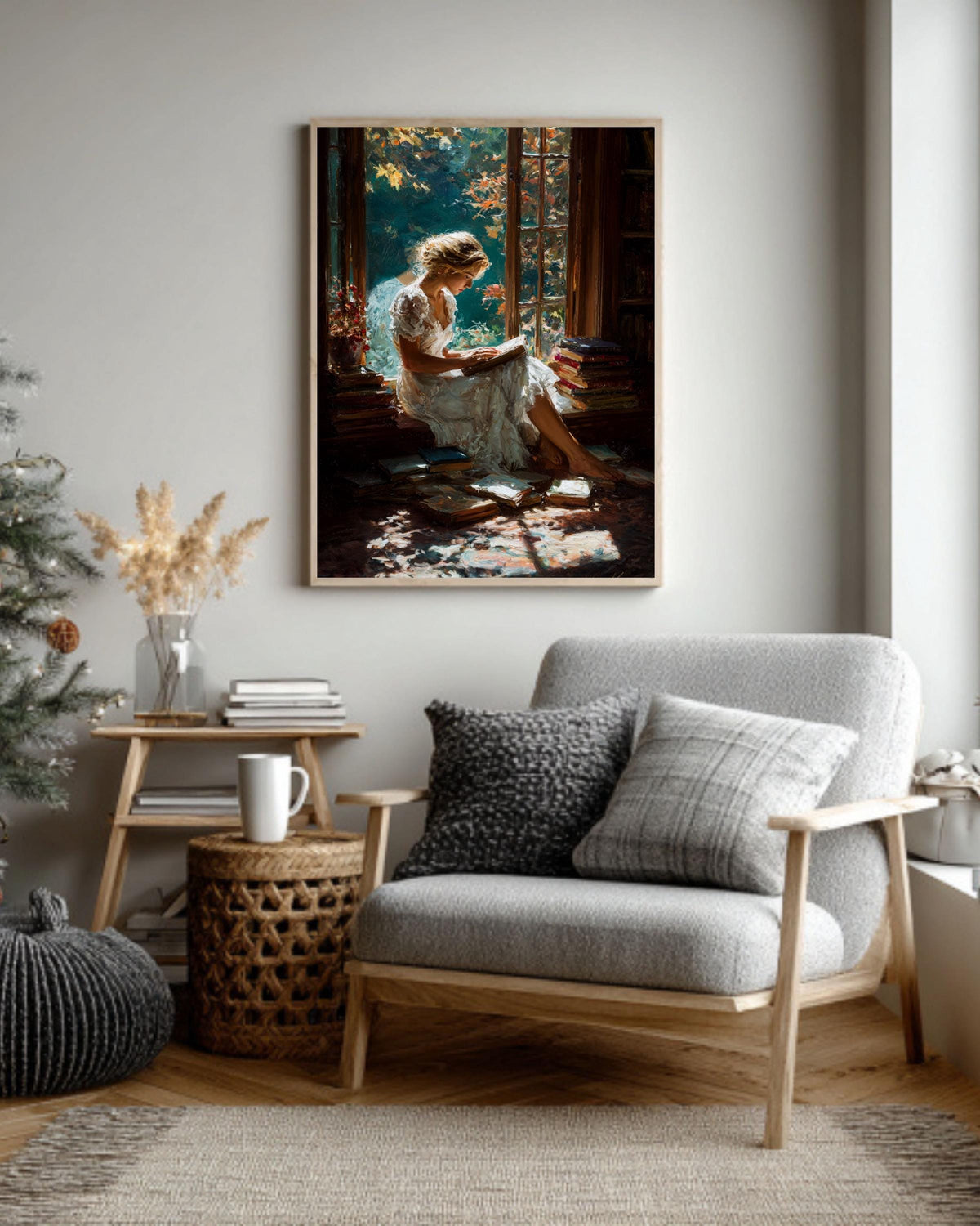 Girl Reading Canvas Print, Cozy Library Window Seat, Light Academia Art