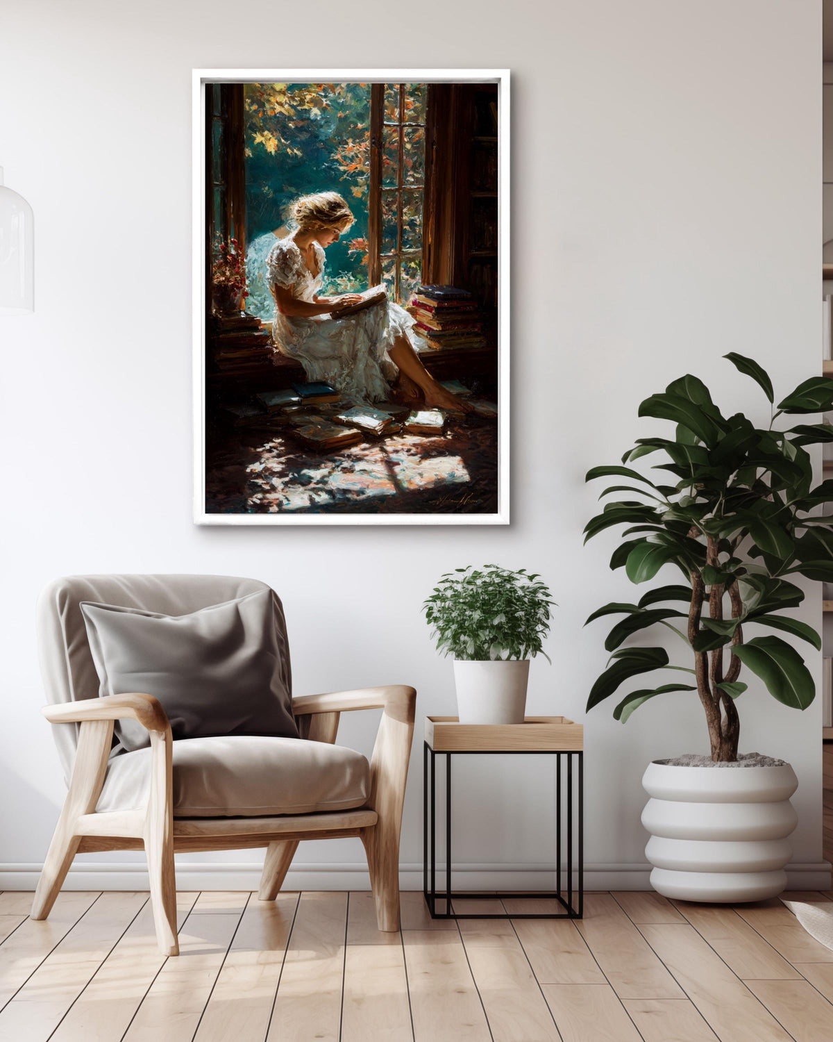 Girl Reading Canvas Print, Cozy Library Window Seat, Light Academia Art