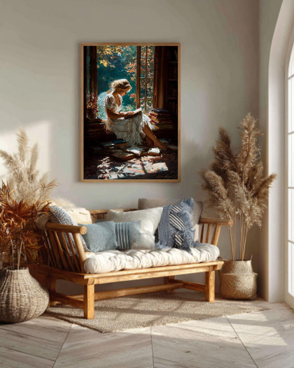 Girl Reading Canvas Print, Cozy Library Window Seat, Light Academia Art