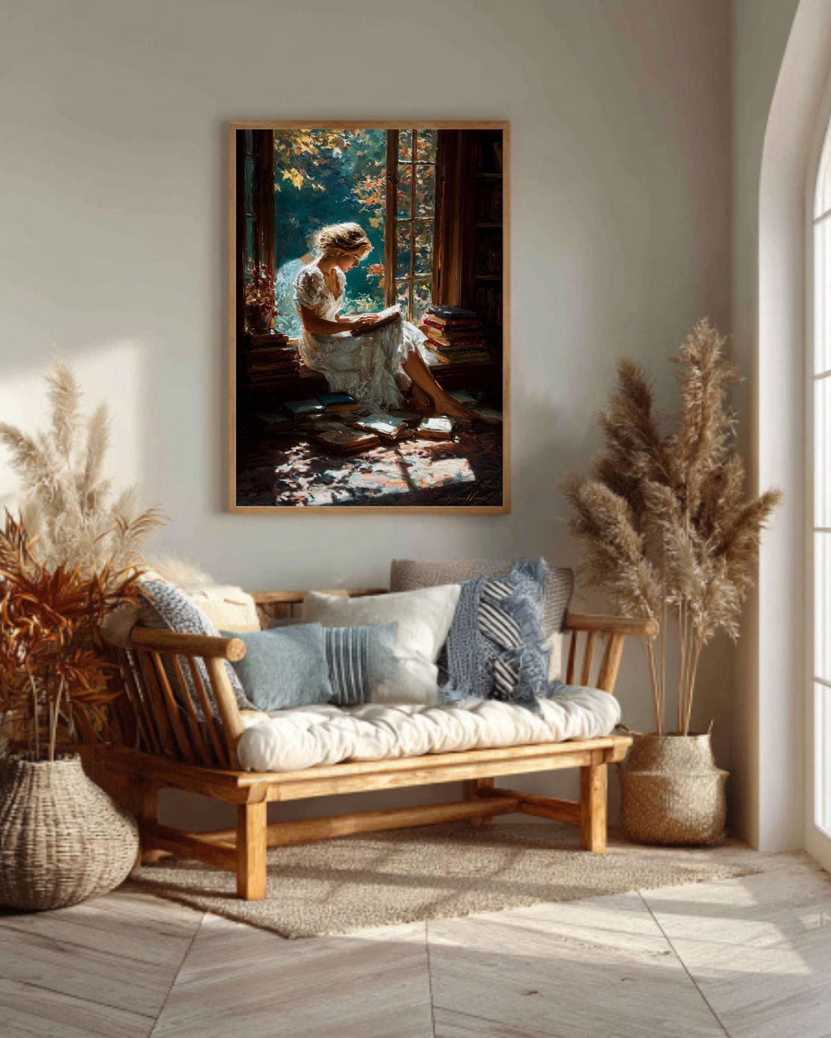 Girl Reading Canvas Print, Cozy Library Window Seat, Light Academia Art