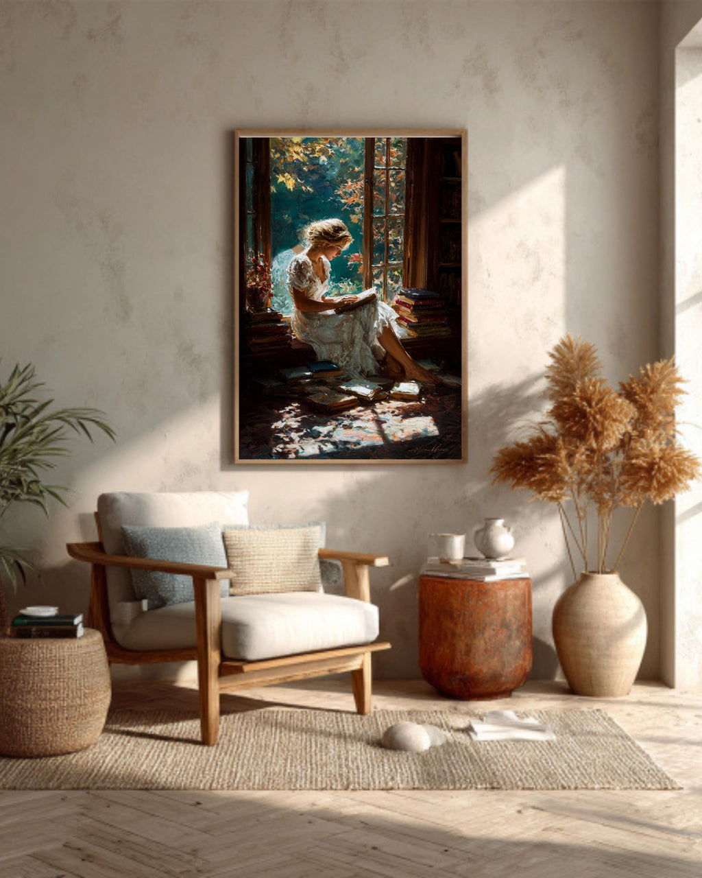 Girl Reading Canvas Print, Cozy Library Window Seat, Light Academia Art