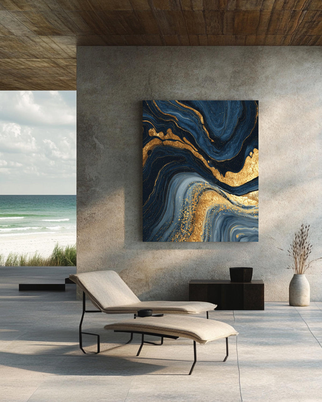 Dark Blue and Gold Marble Wall Art | Luxury Abstract Flowing Line Pattern, Elegant Fluid Texture Modern Home Decor
