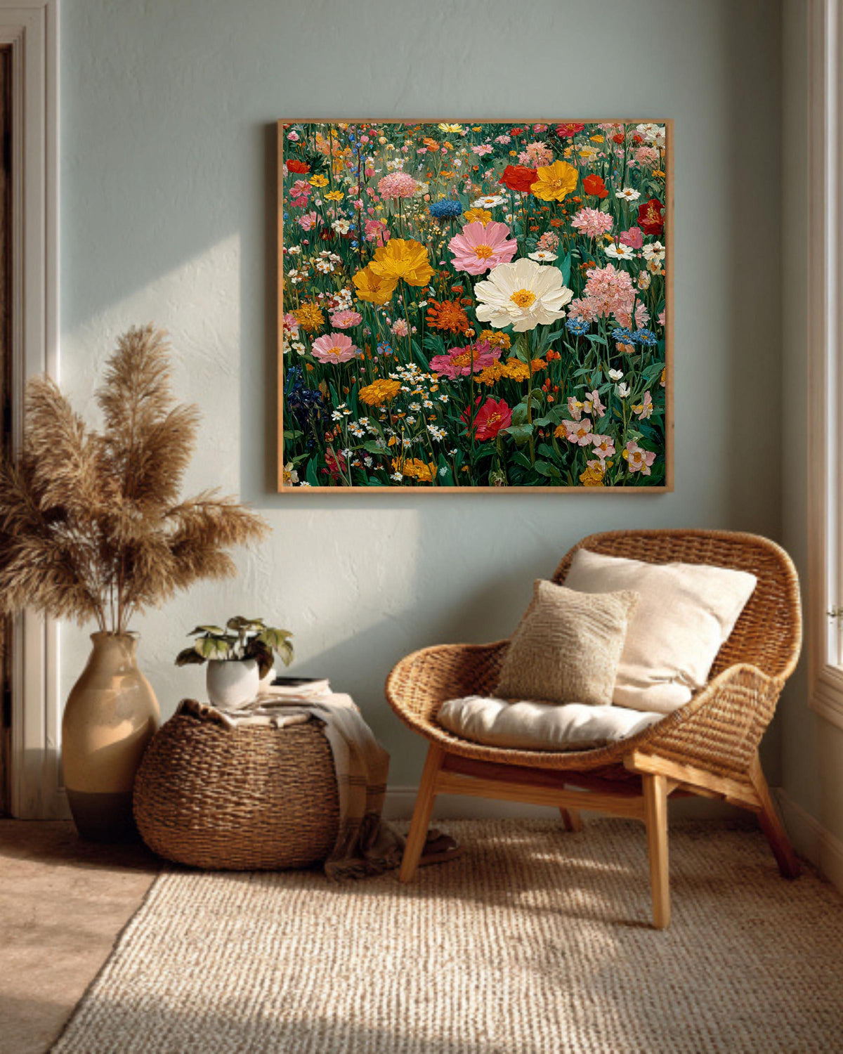 Klimt Style Flower Field Canvas Print, Abstract Floral Botanical Wall Art