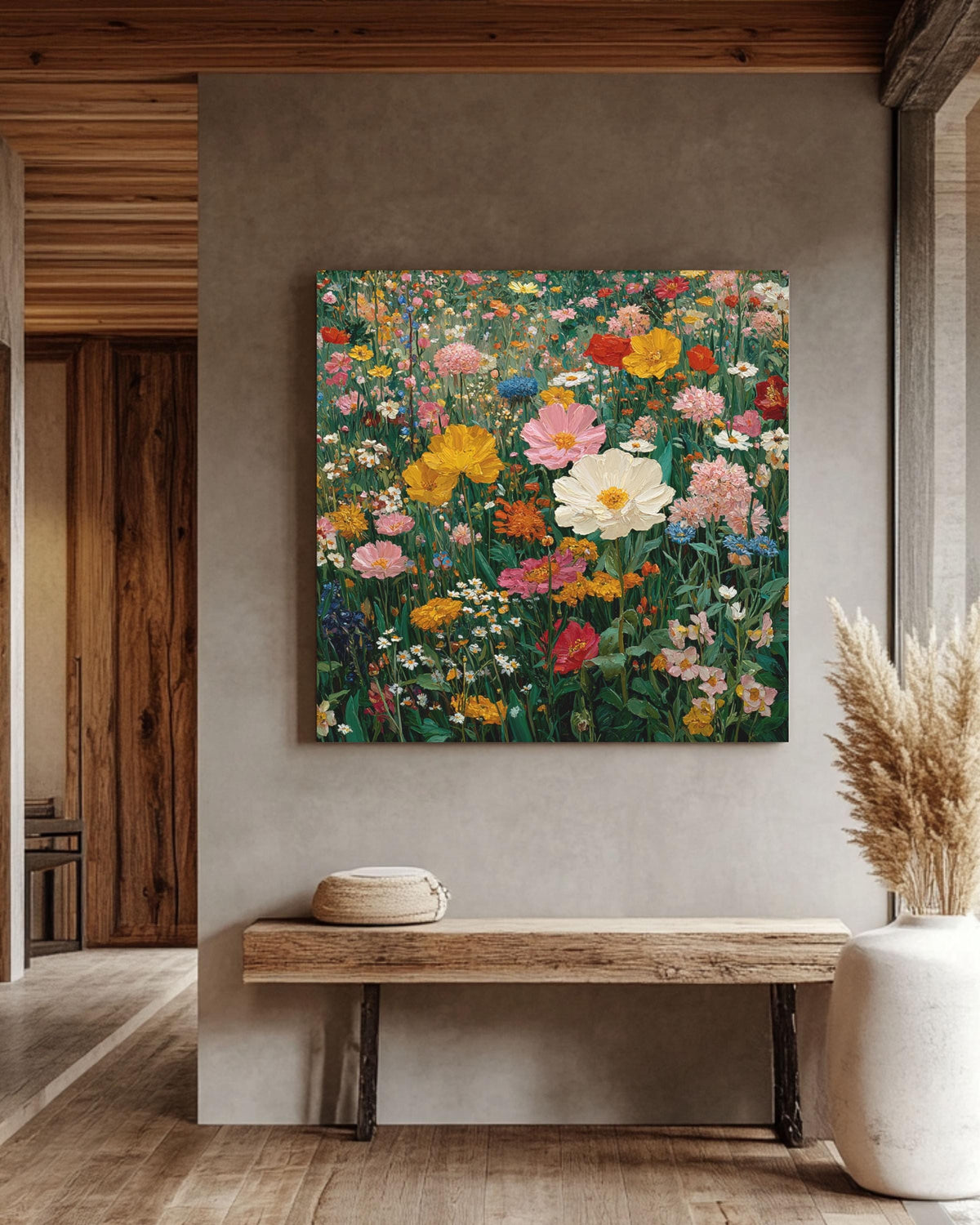 Klimt Style Flower Field Canvas Print, Abstract Floral Botanical Wall Art