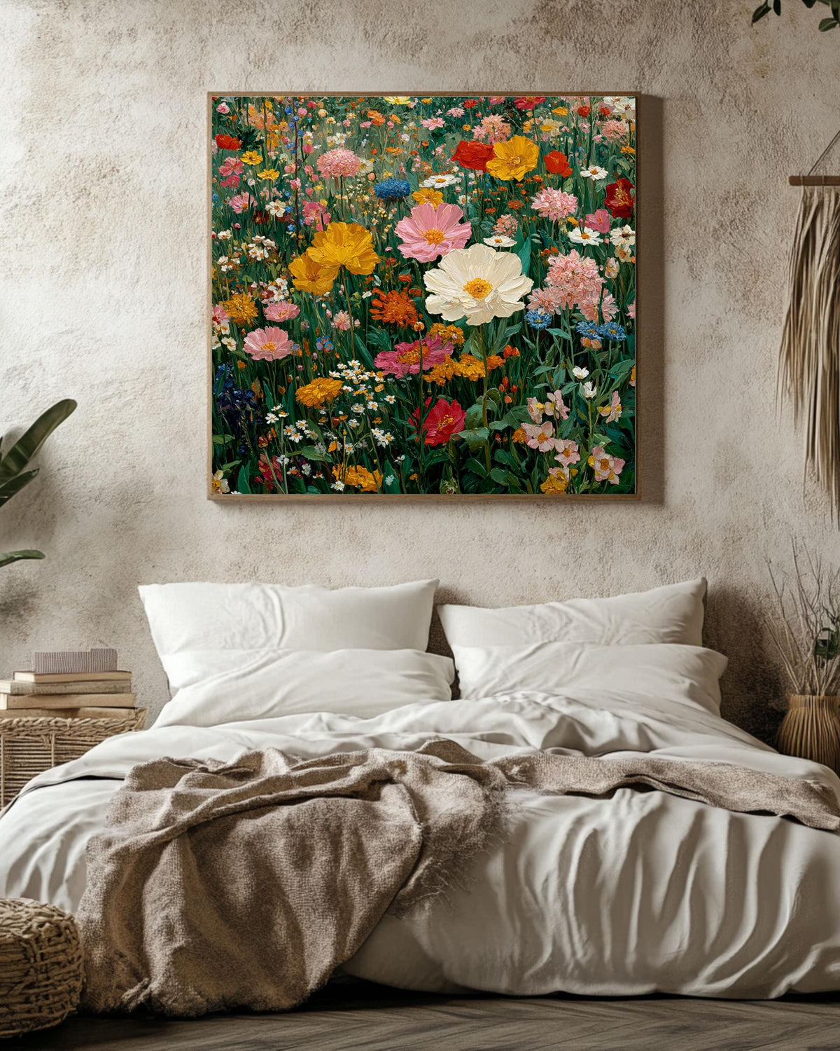 Klimt Style Flower Field Canvas Print, Abstract Floral Botanical Wall Art