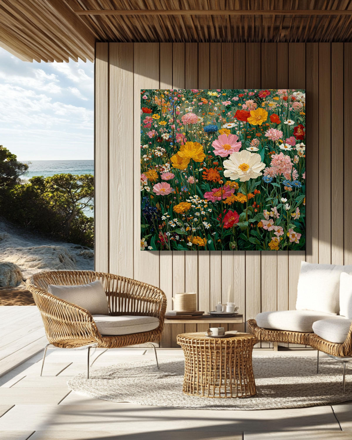 Klimt Style Flower Field Canvas Print, Abstract Floral Botanical Wall Art