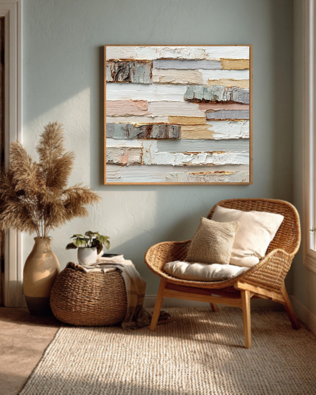 Textured Wood Block Art Canvas, Beige White Impasto Print