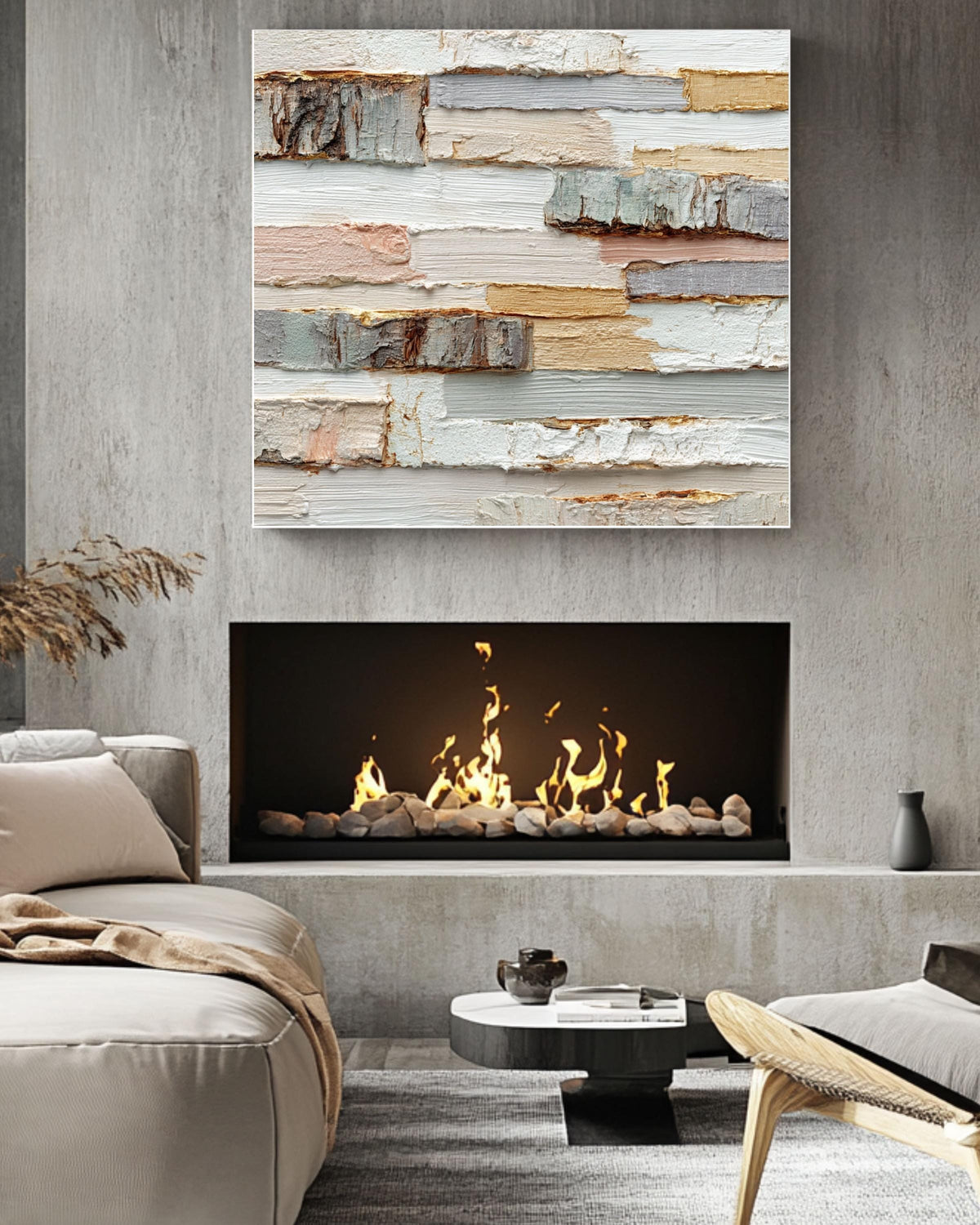 Textured Wood Block Art Canvas, Beige White Impasto Print