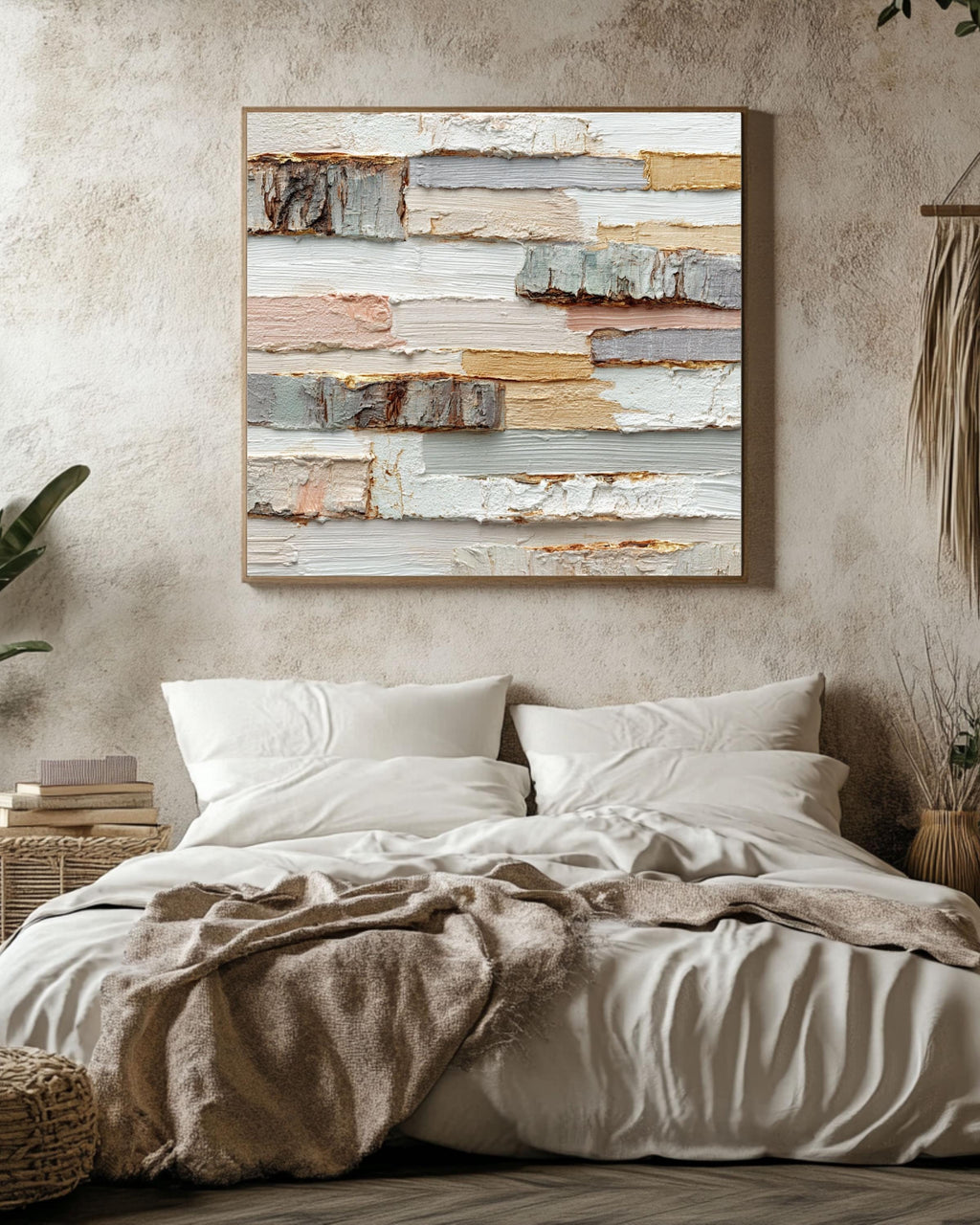 Textured Wood Block Art Canvas, Beige White Impasto Print