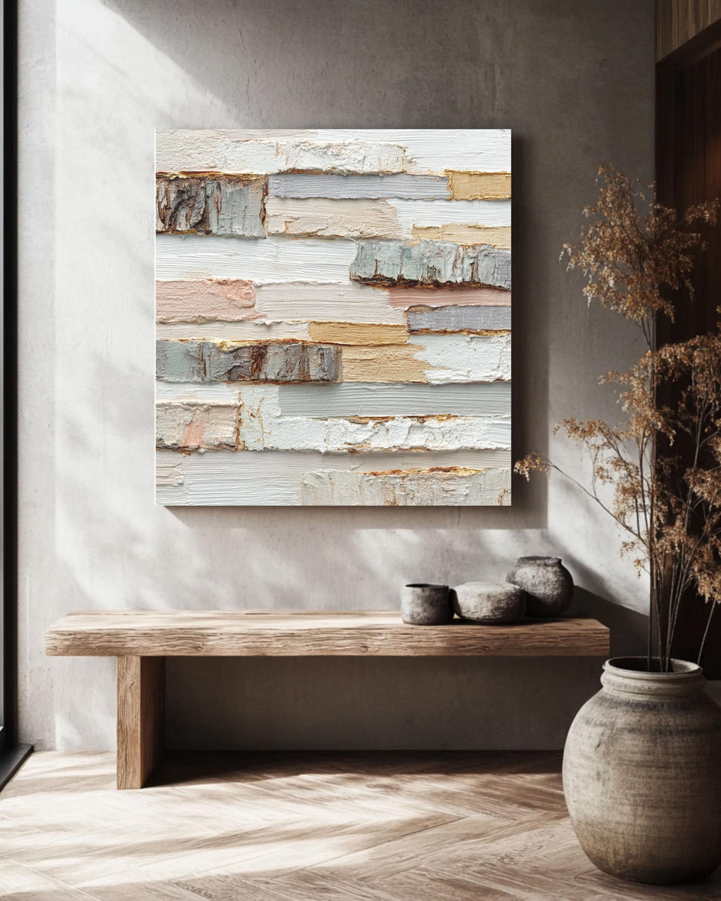 Textured Wood Block Art Canvas, Beige White Impasto Print