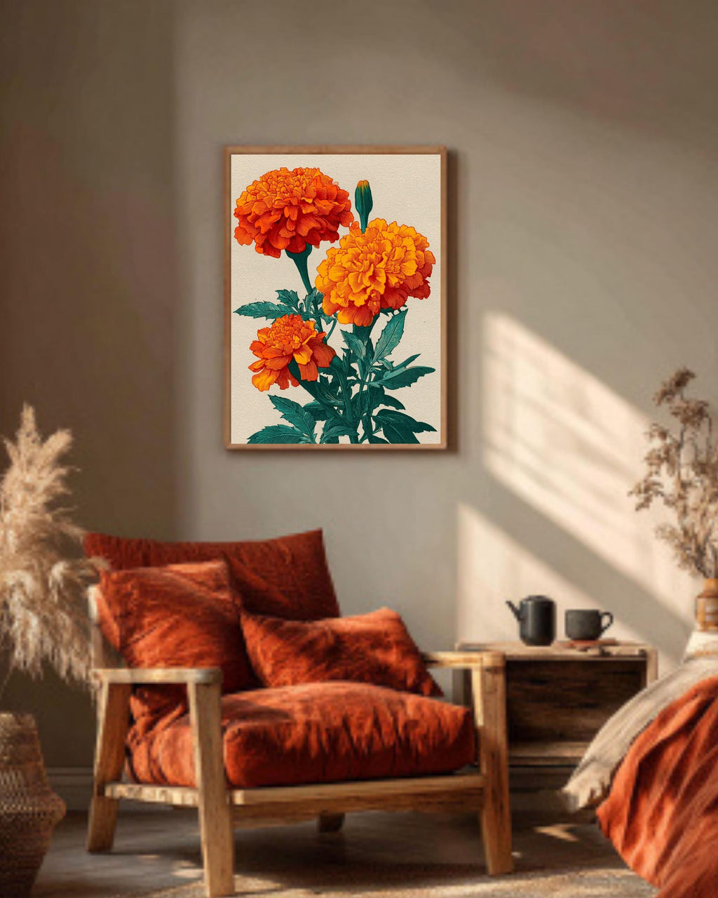 Orange Marigold Canvas Print, Japanese Floral Ukiyo-e Art