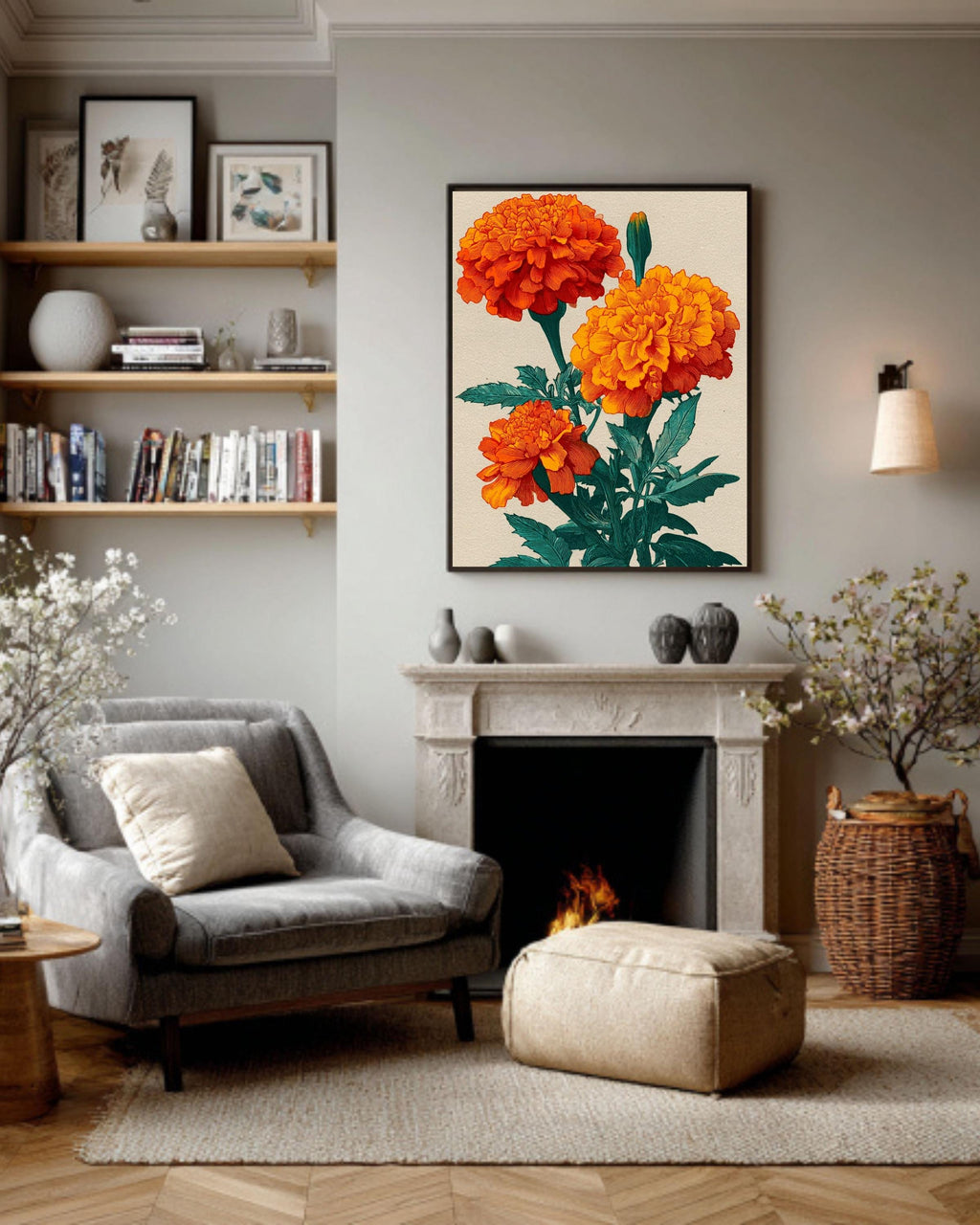 Orange Marigold Canvas Print, Japanese Floral Ukiyo-e Art