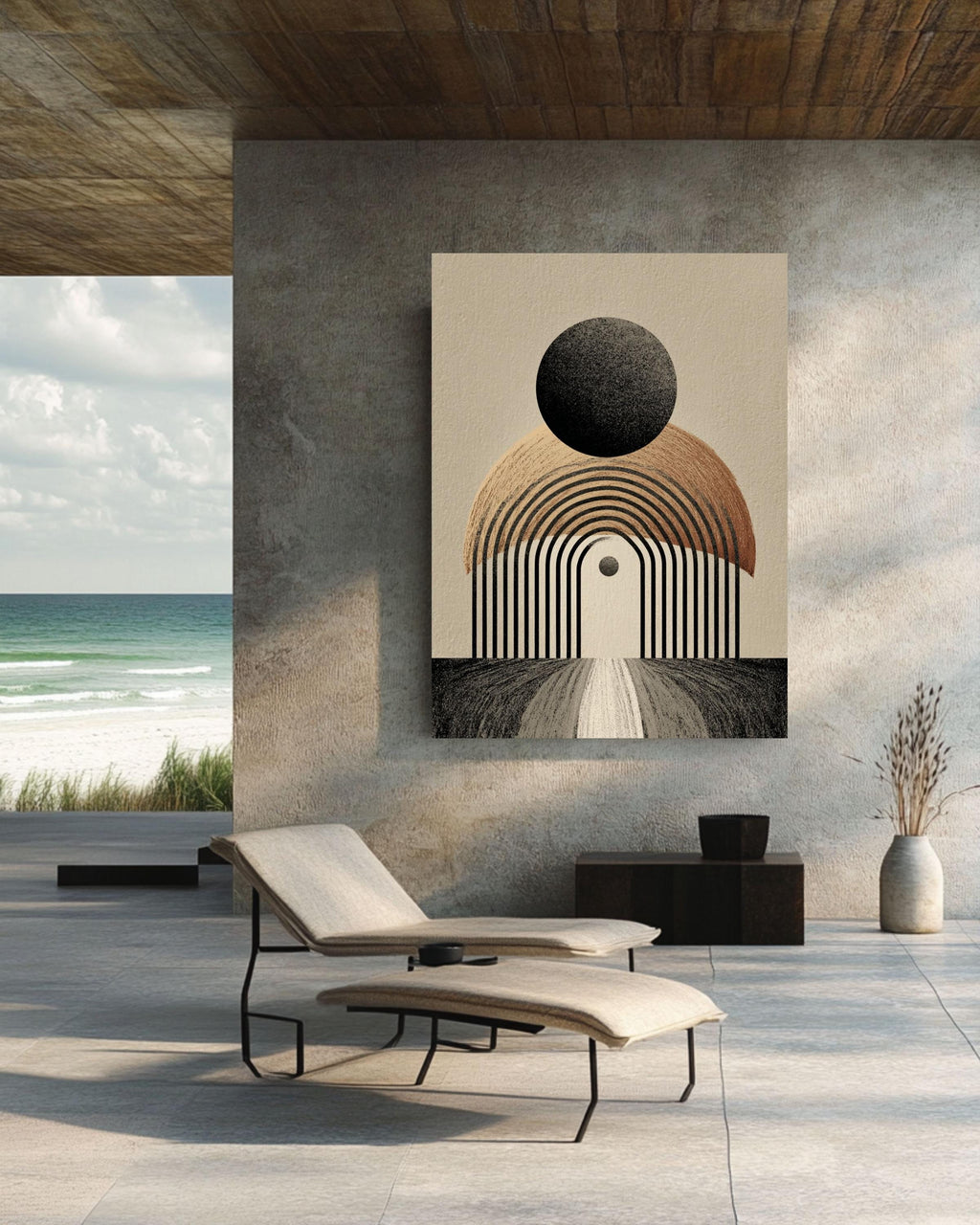 Minimalist Arch Canvas Print, Geometric Black Beige, Boho Wall Decor