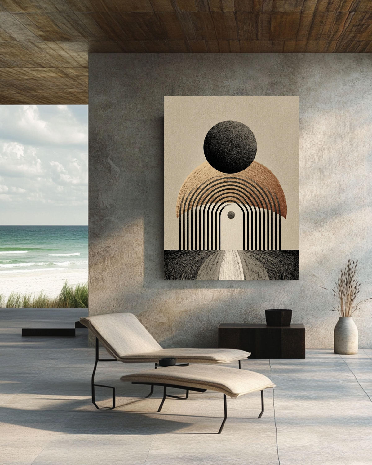 Minimalist Arch Canvas Print, Geometric Black Beige, Boho Wall Decor