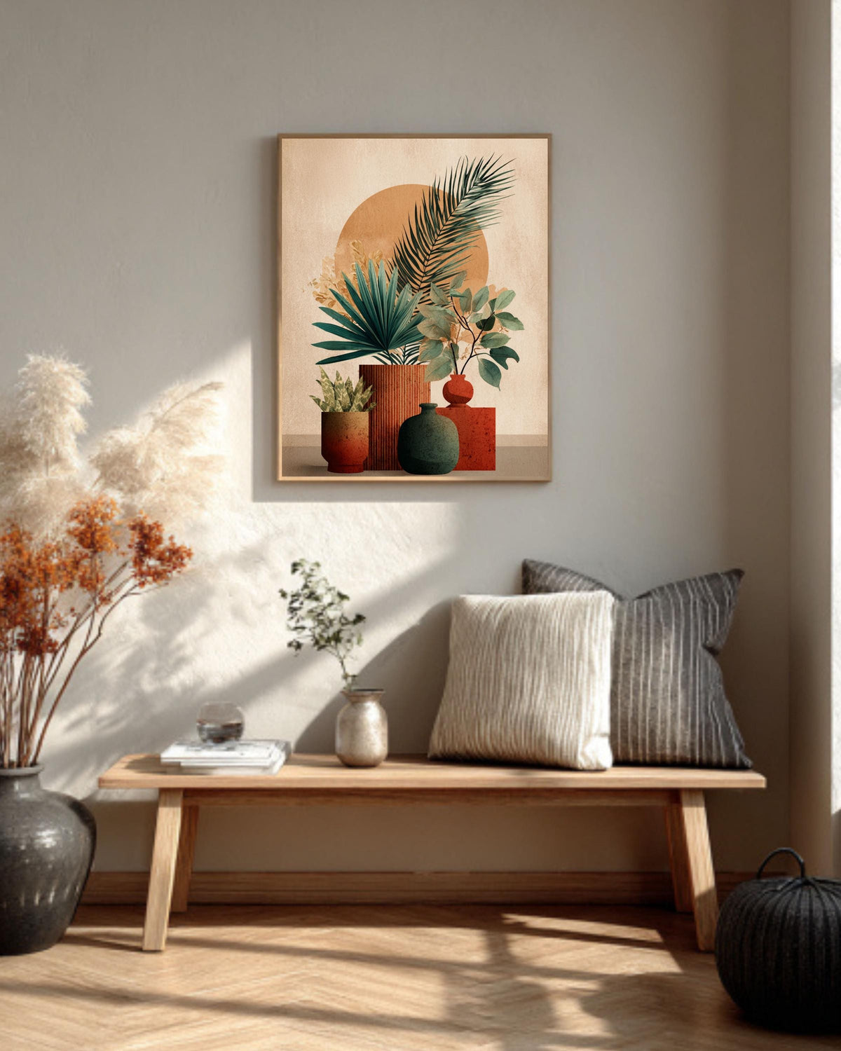 Boho Botanical Still Life Canvas, Terracotta Plant Art, Mid-Century Modern Decor