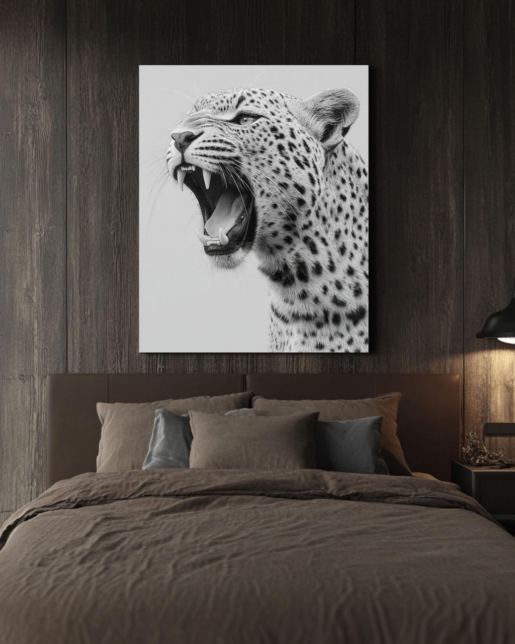 Black and White Roaring Leopard Portrait, Modern Canvas Art
