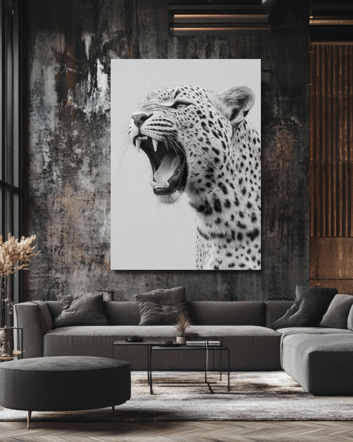 Black and White Roaring Leopard Portrait, Modern Canvas Art