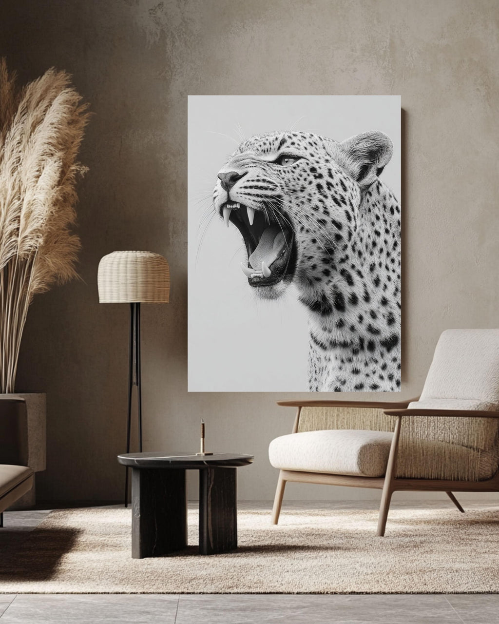 Black and White Roaring Leopard Portrait, Modern Canvas Art