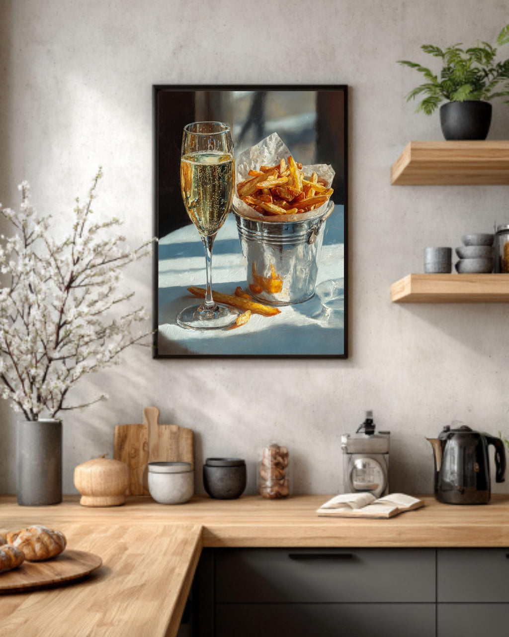 Champagne and Fries Oil Painting, Still Life Food Canvas Print