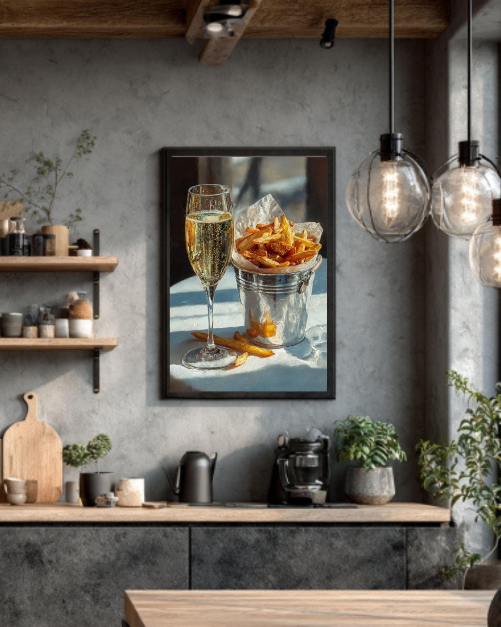 Champagne and Fries Oil Painting, Still Life Food Canvas Print