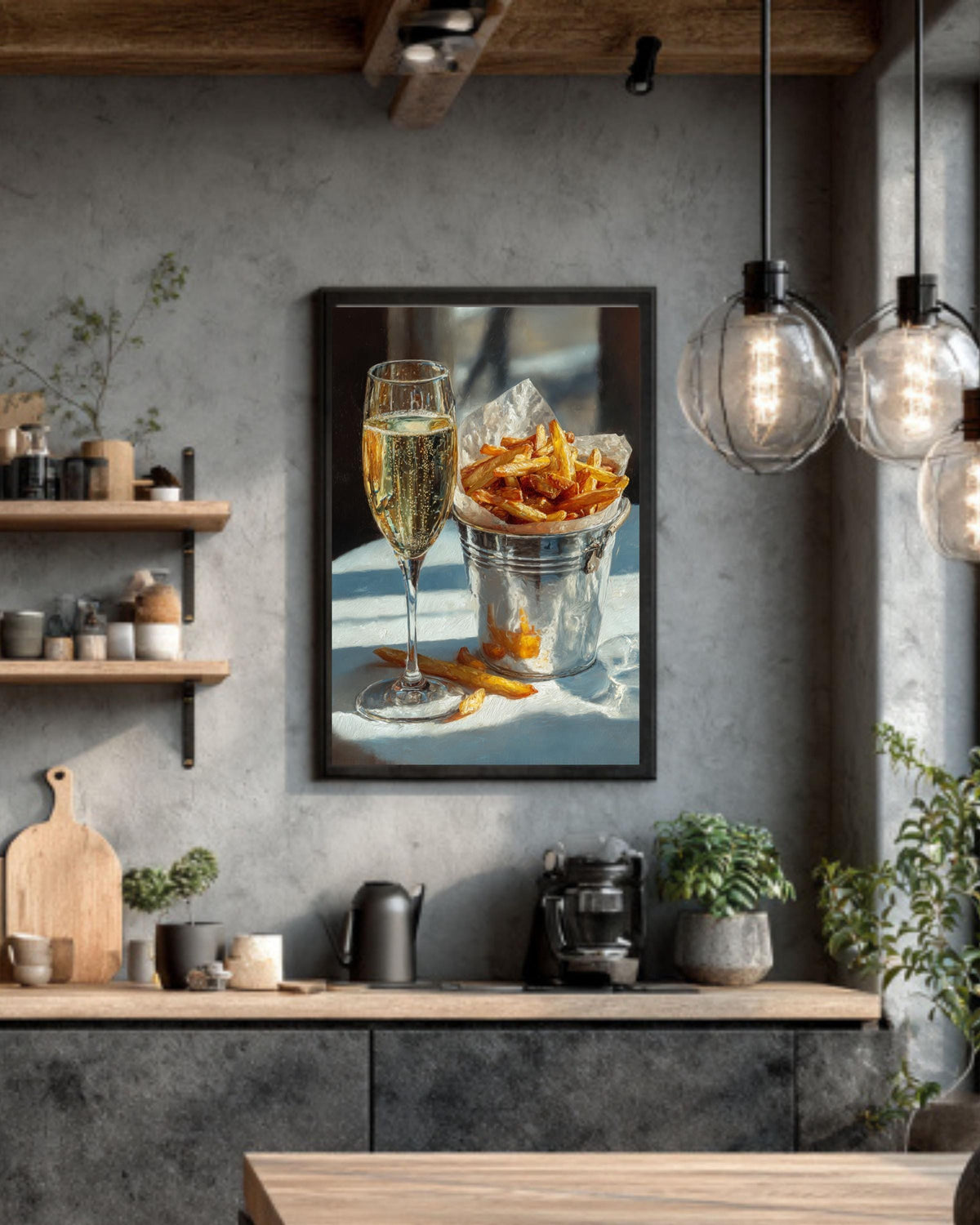 Champagne and Fries Oil Painting, Still Life Food Canvas Print