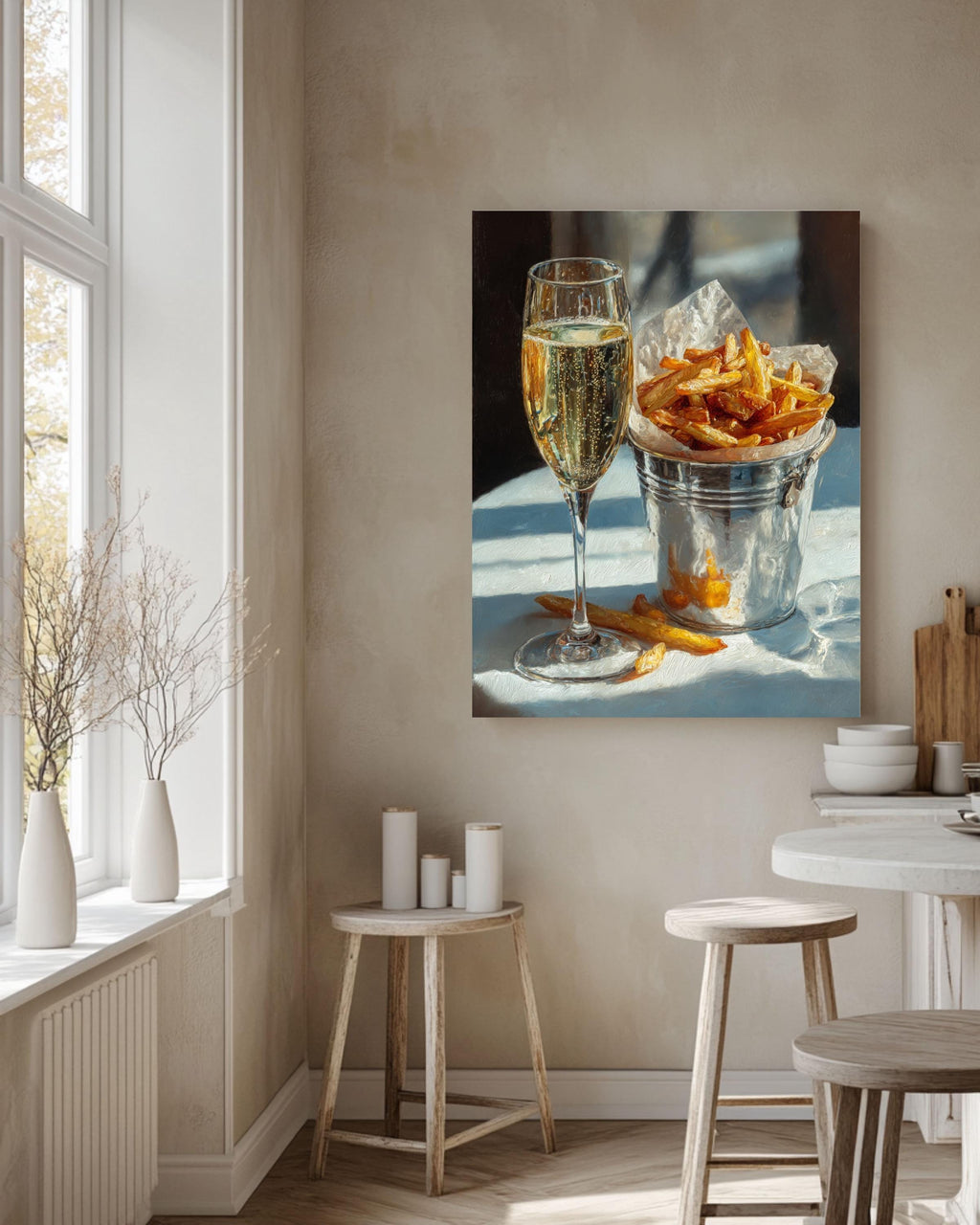 Champagne and Fries Oil Painting, Still Life Food Canvas Print