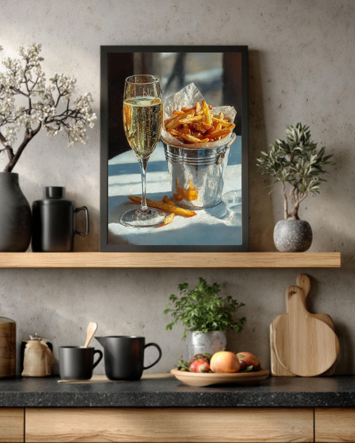 Champagne and Fries Oil Painting, Still Life Food Canvas Print