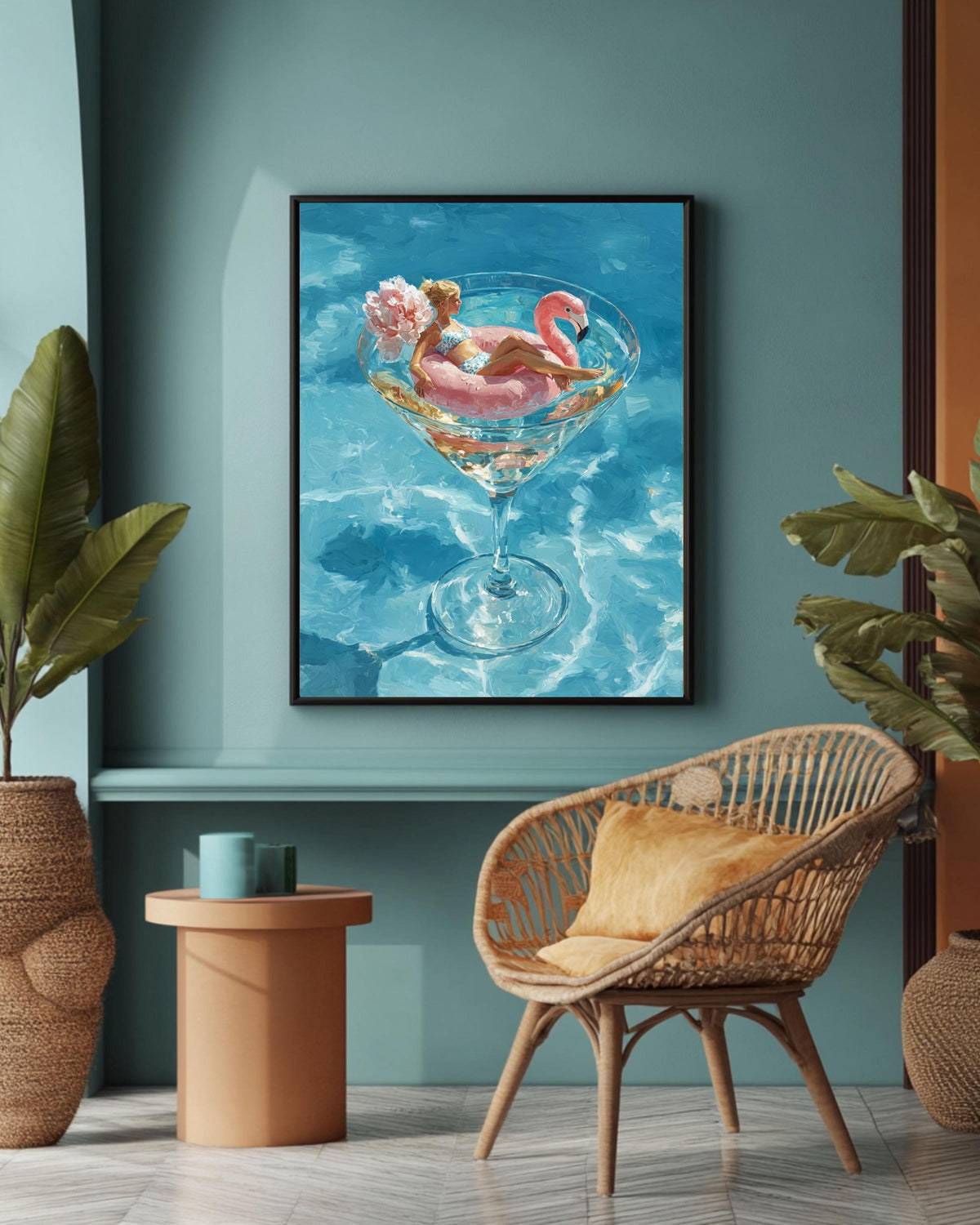 Flamingo Cocktail Glass Canvas Art, Luxurious Summer Pool Painting