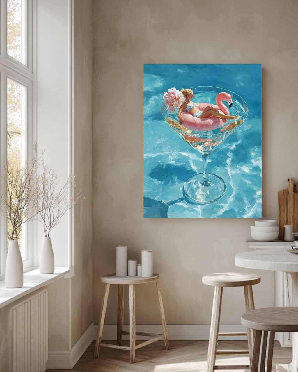 Flamingo Cocktail Glass Canvas Art, Luxurious Summer Pool Painting