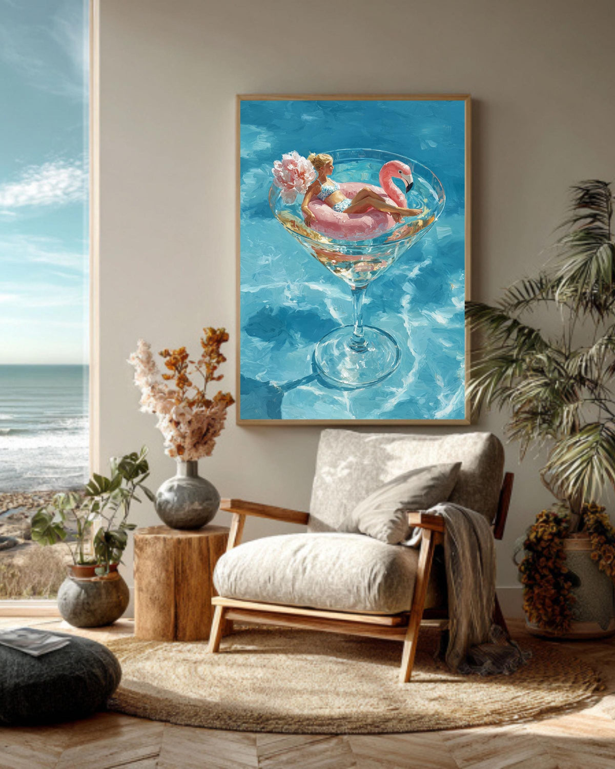 Flamingo Cocktail Glass Canvas Art, Luxurious Summer Pool Painting
