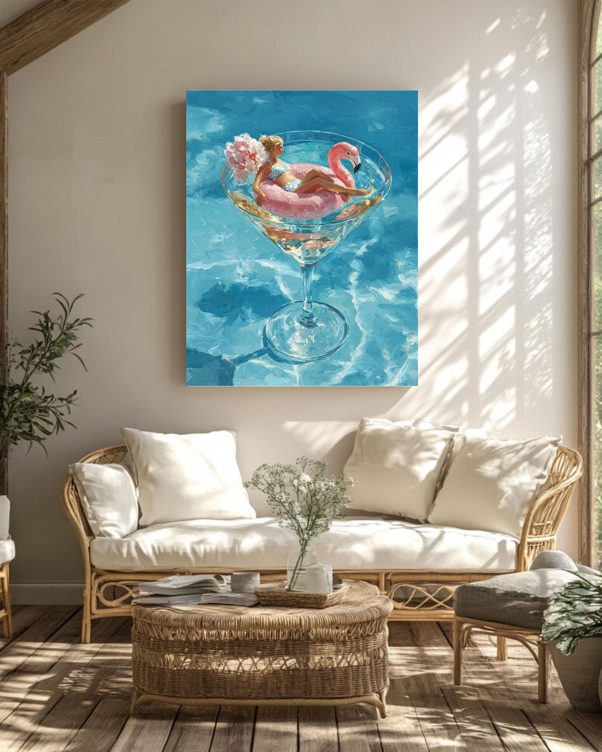 Flamingo Cocktail Glass Canvas Art, Luxurious Summer Pool Painting