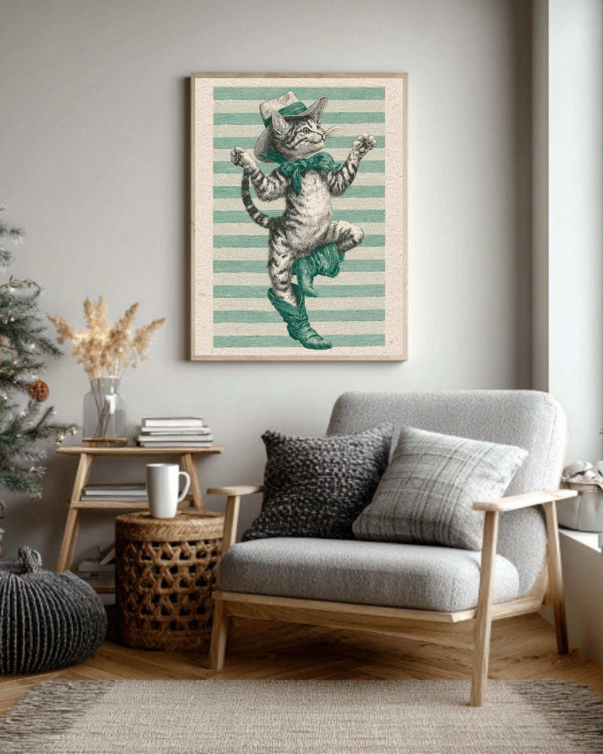 Vintage Cowboy Cat Engraving Print, Whimsical Western Canvas Art