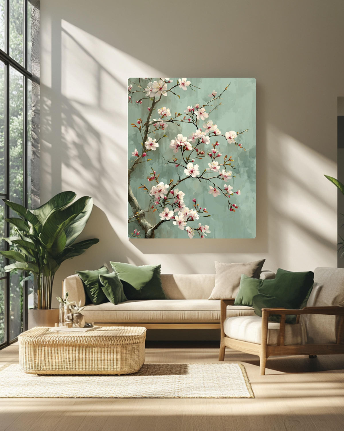 Chinese Style Cherry Blossom Canvas, Sage Green Floral Art