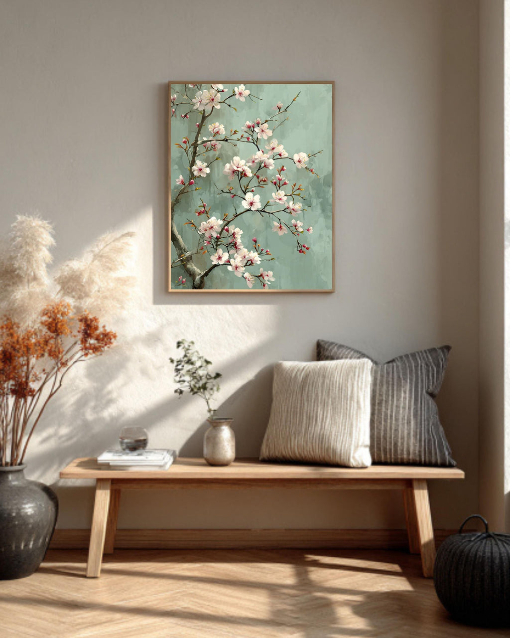 Chinese Style Cherry Blossom Canvas, Sage Green Floral Art