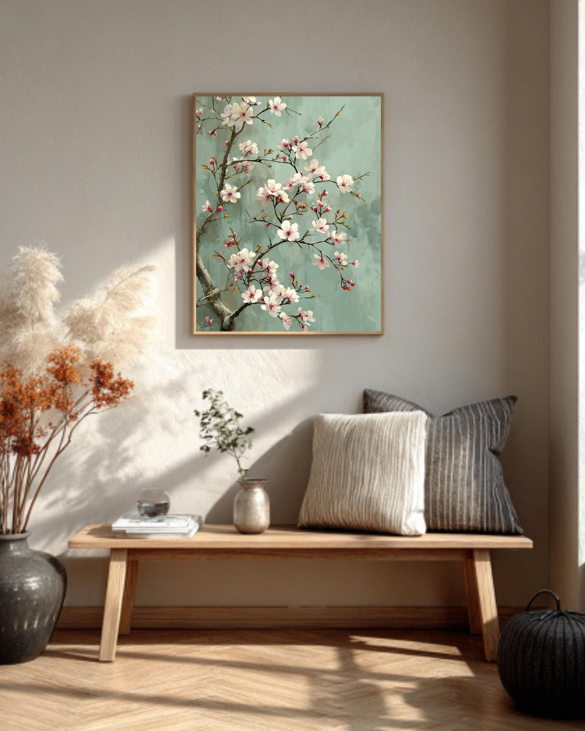 Chinese Style Cherry Blossom Canvas, Sage Green Floral Art