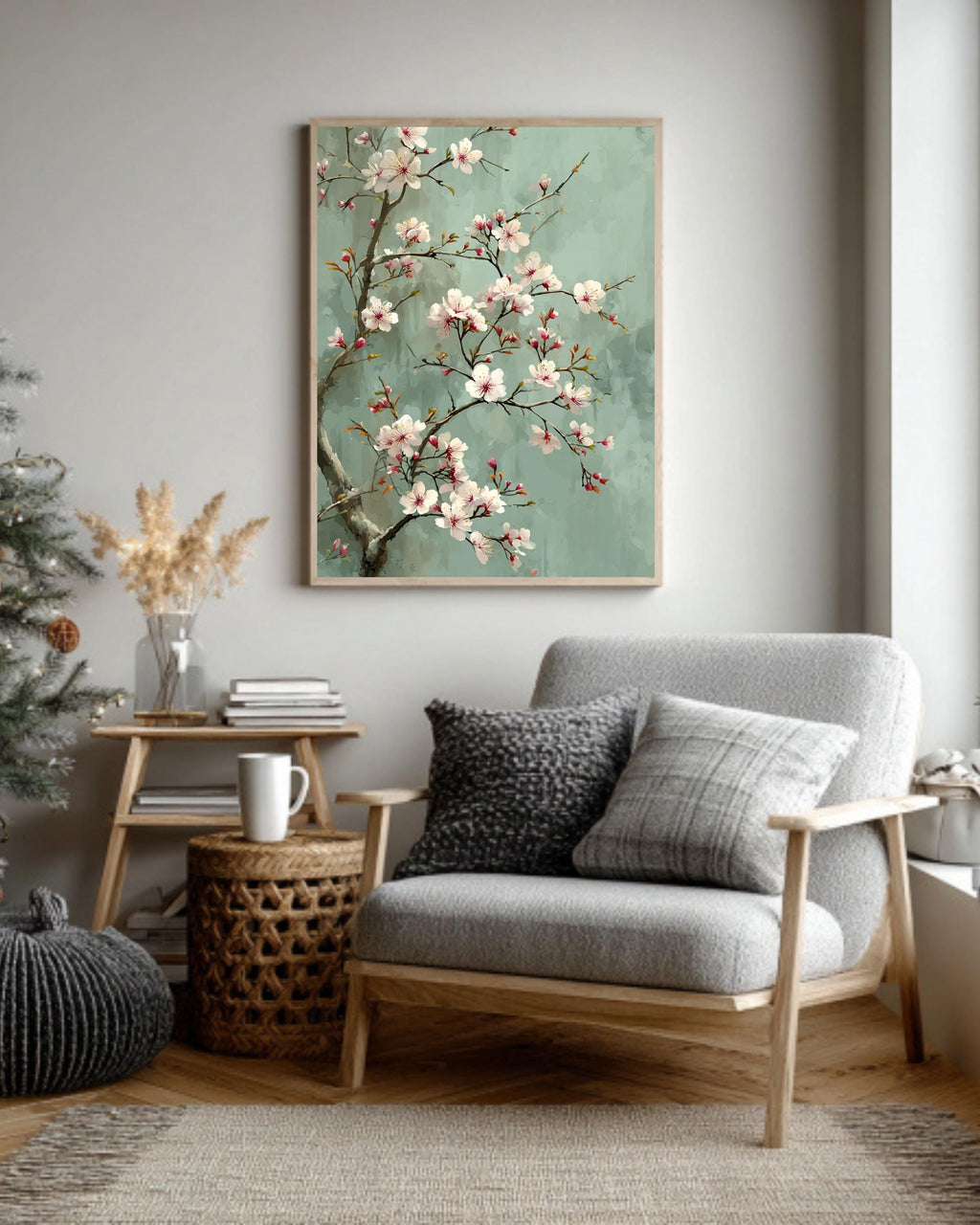 Chinese Style Cherry Blossom Canvas, Sage Green Floral Art