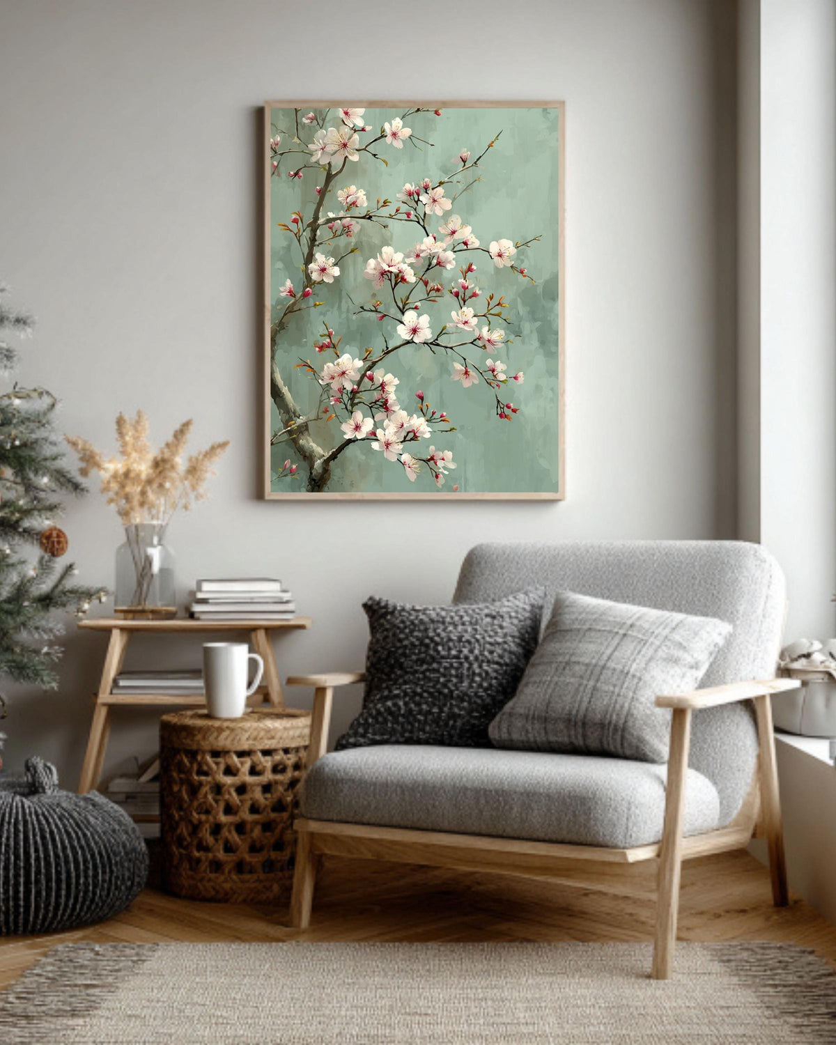 Chinese Style Cherry Blossom Canvas, Sage Green Floral Art