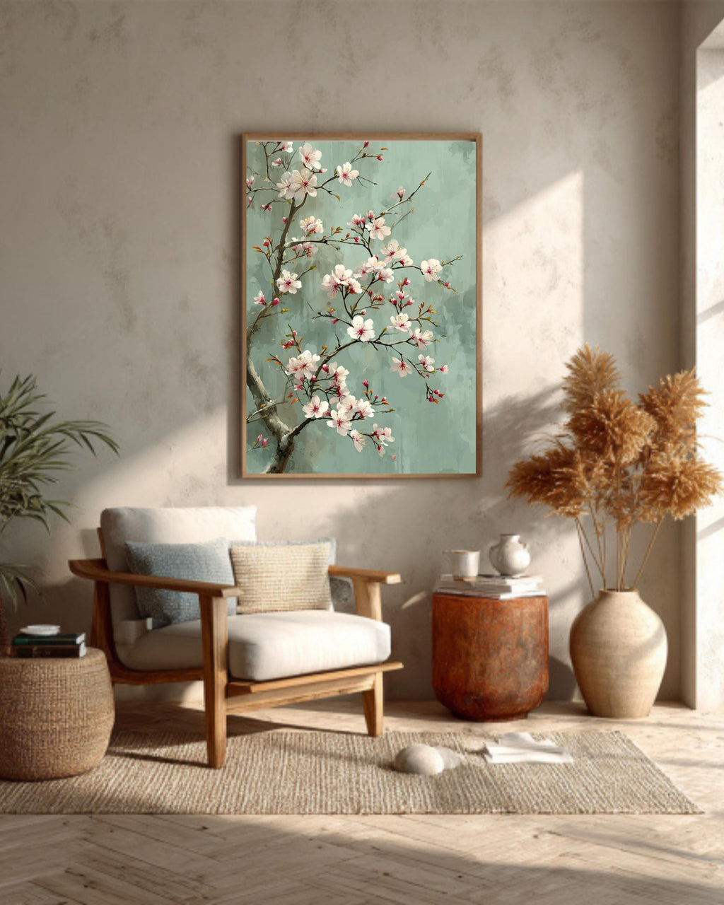 Chinese Style Cherry Blossom Canvas, Sage Green Floral Art