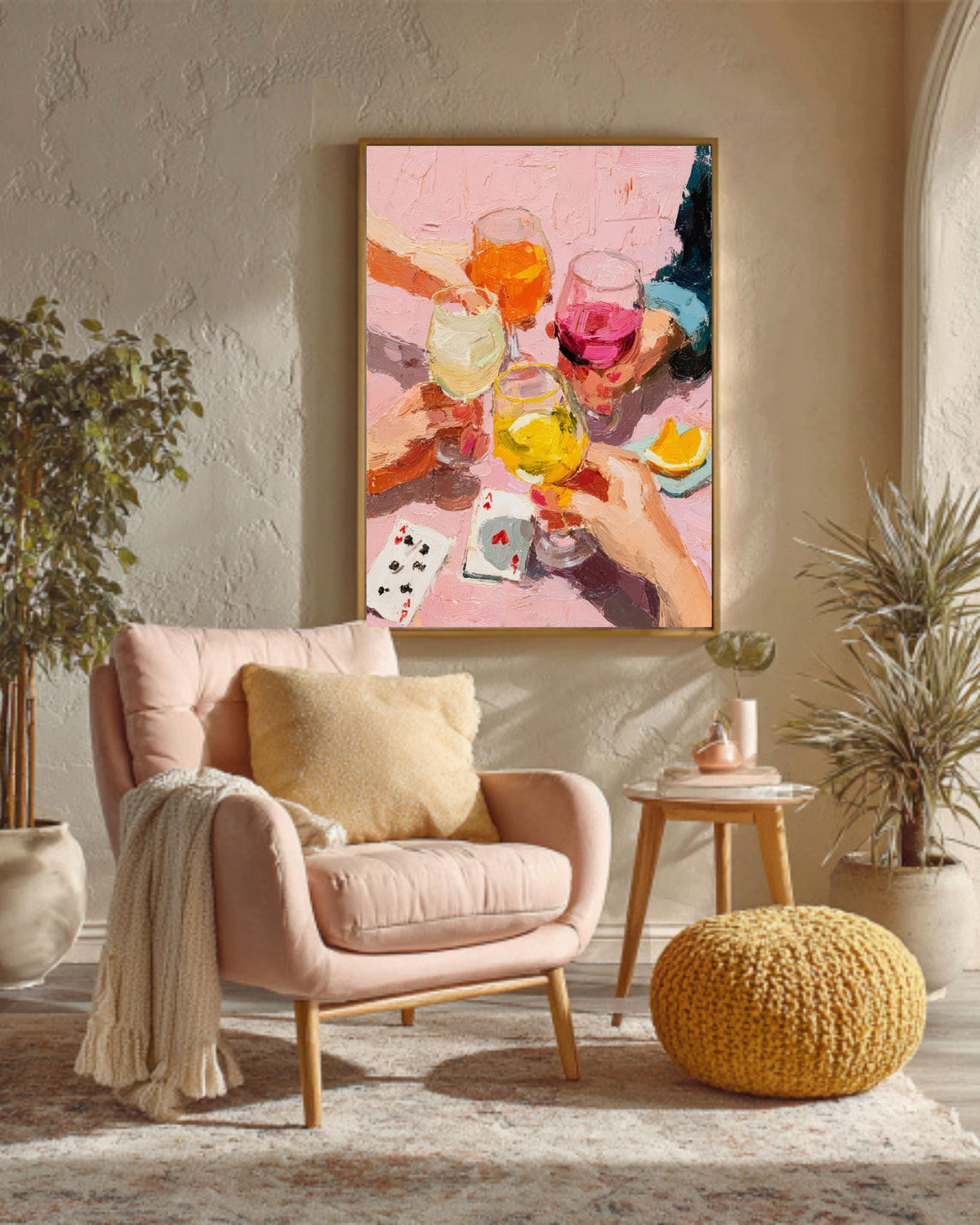 Impasto Wine Toast Canvas Print: Pink Girls Night Out Decor