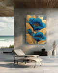 Abstract Blue and Gold Floral Canvas: Textured Botanical Wall Art