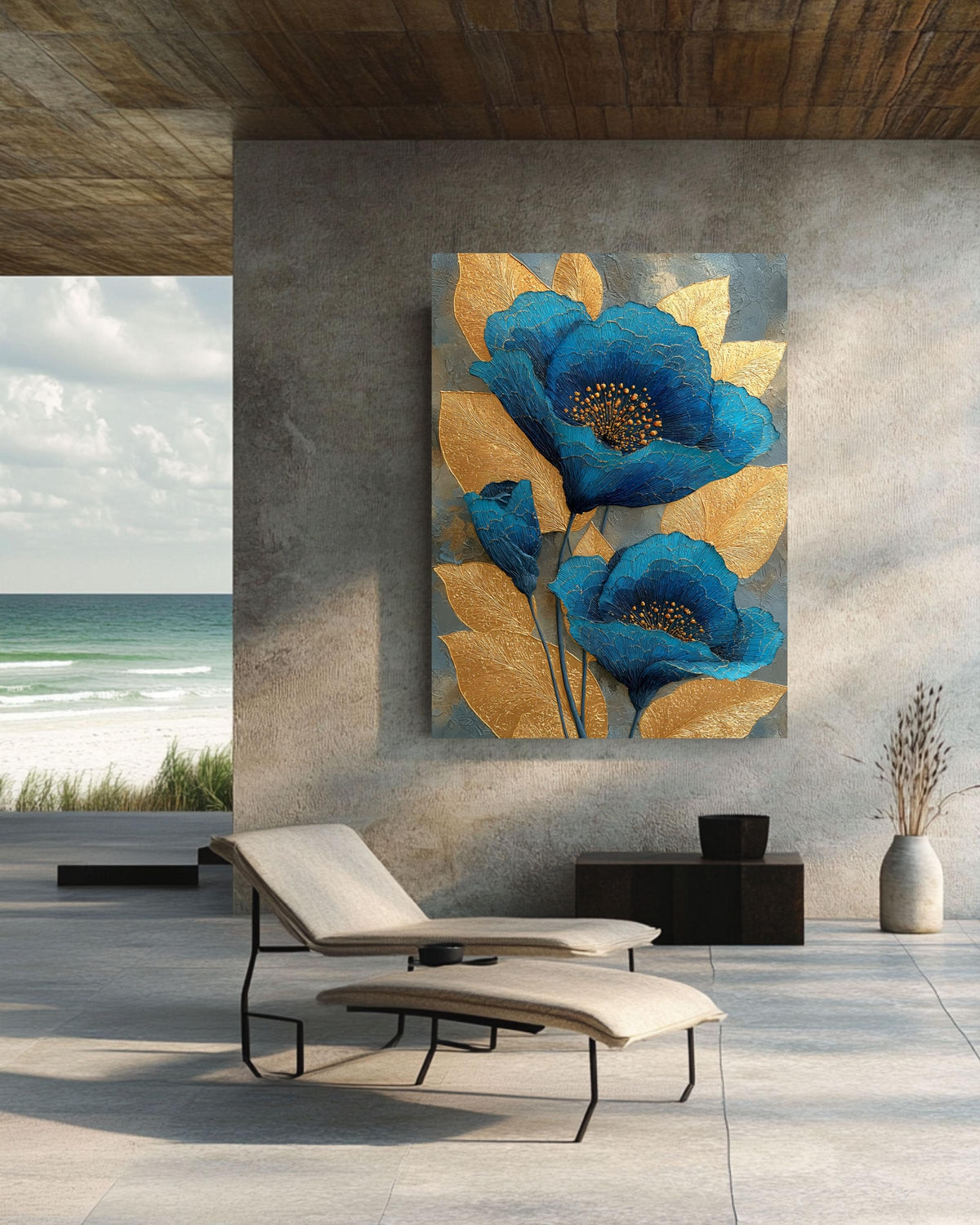 Abstract Blue and Gold Floral Canvas: Textured Botanical Wall Art