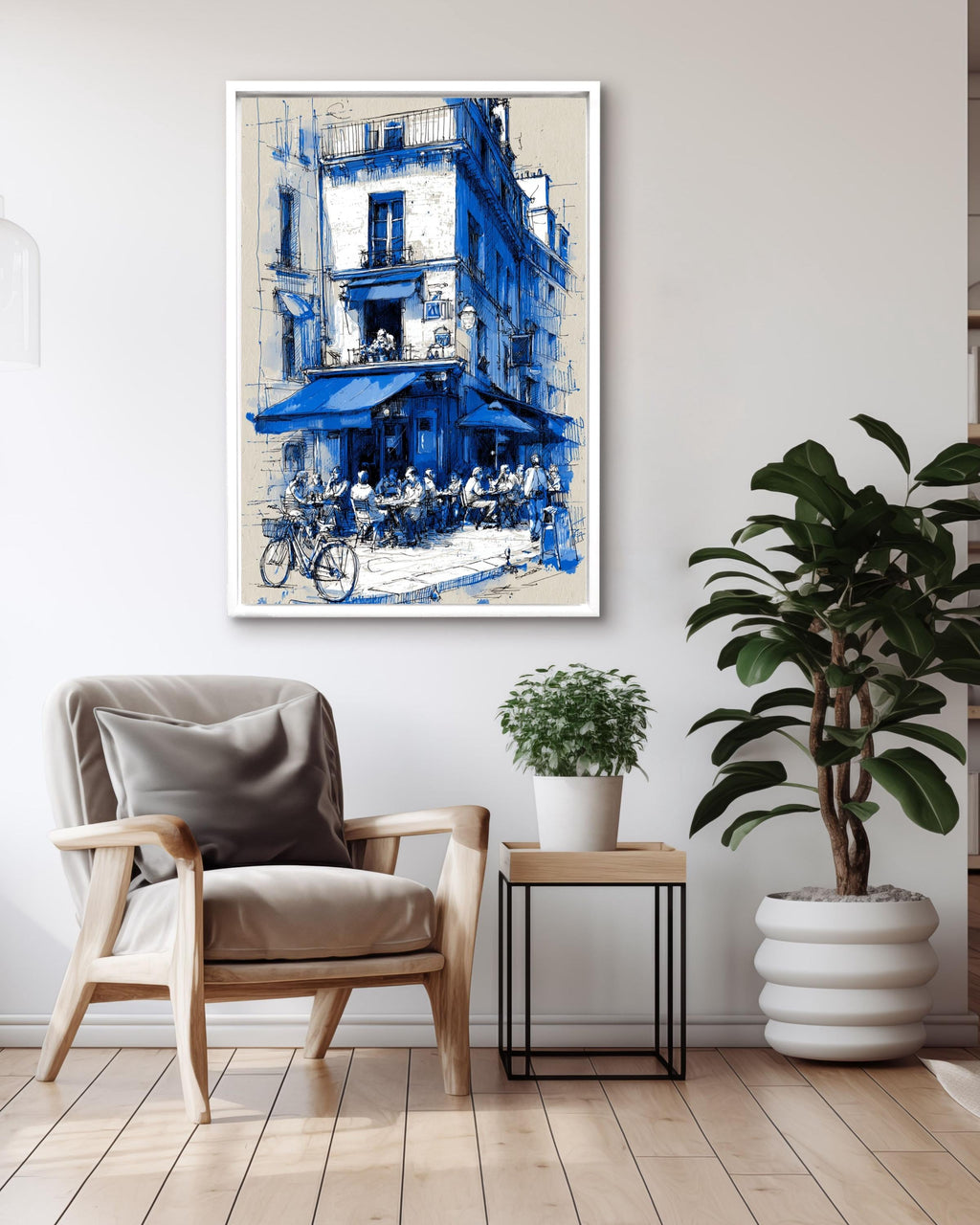 Blue Paris Cafe Sketch Print: French Bistro Street Scene Canvas