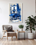 Blue Paris Cafe Sketch Print: French Bistro Street Scene Canvas