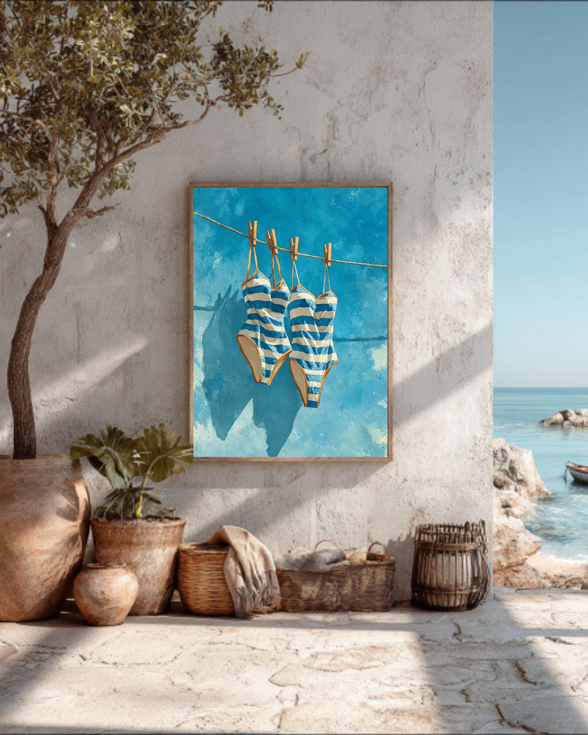 Blue Striped Swimsuits Art: Coastal Watercolor Painting