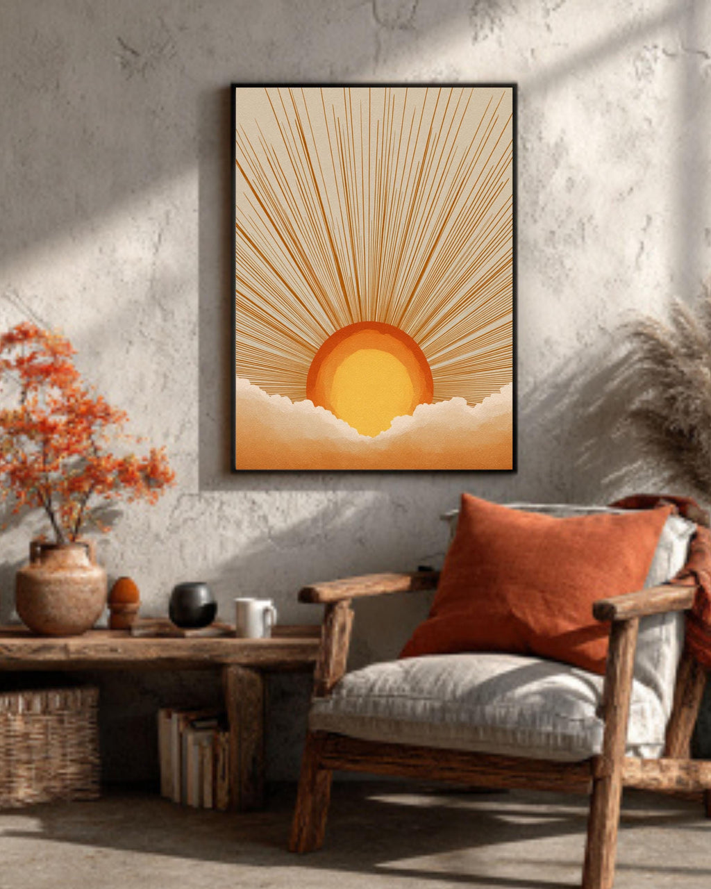 Retro Sunburst Canvas Art Print: Boho Sunset Wall Decor