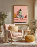Woman Reading Art Print: Pink Sofa, Striped Pajamas Canvas