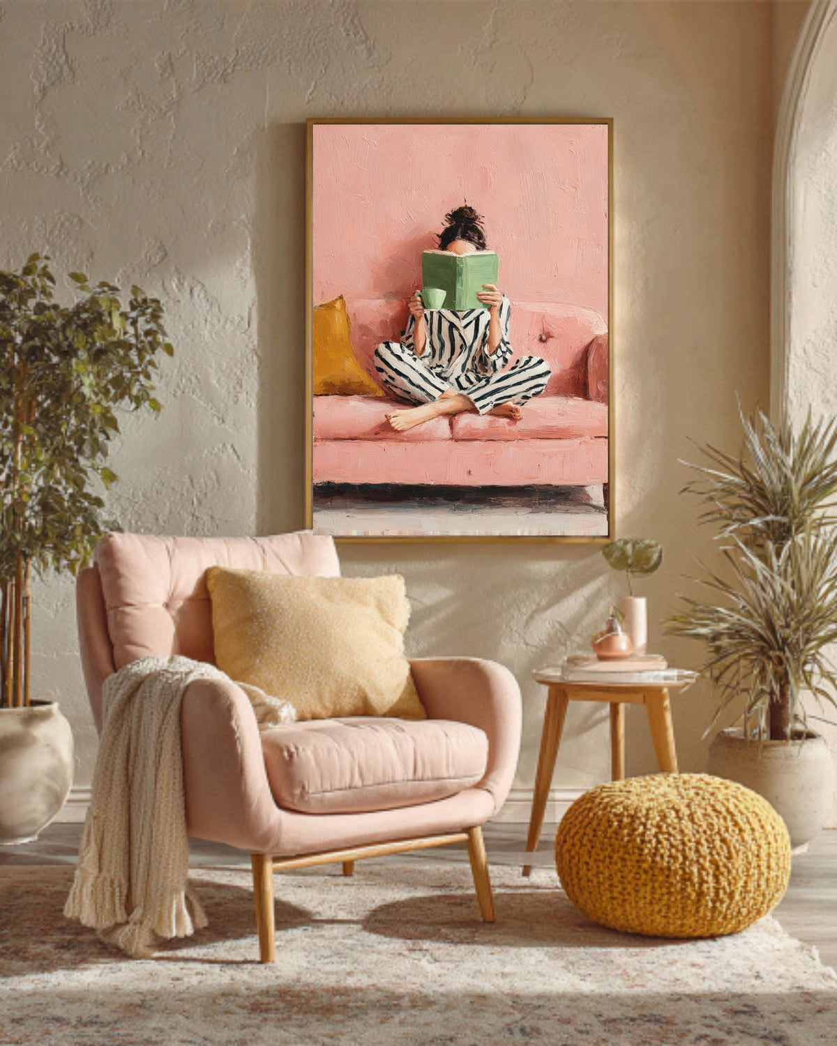 Woman Reading Art Print: Pink Sofa, Striped Pajamas Canvas